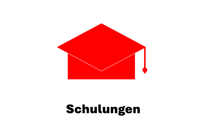 Rotes Hochschul-Hut-Symbol mit dem Wort "Schulungen" darunter.